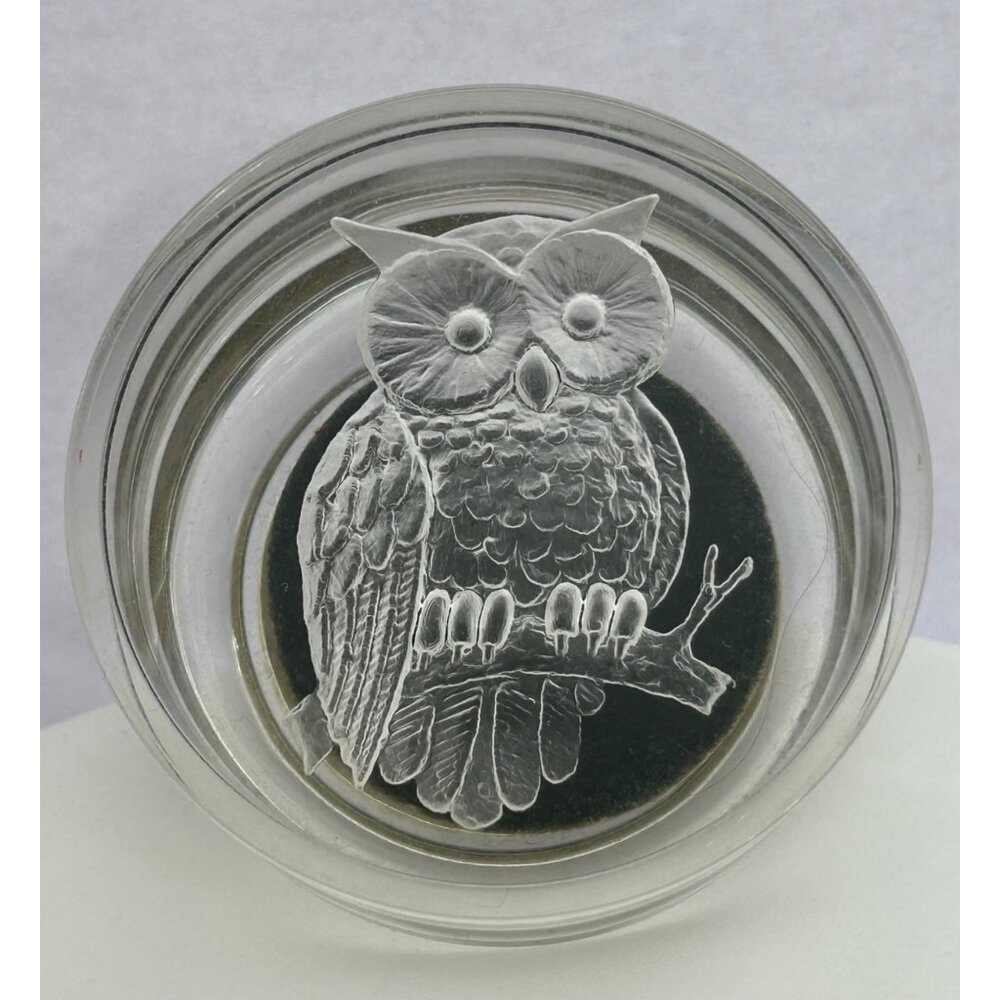 Trinket Jewelry Box Etched Owl Design Lid Round Clear & Black Vintage Look Retro